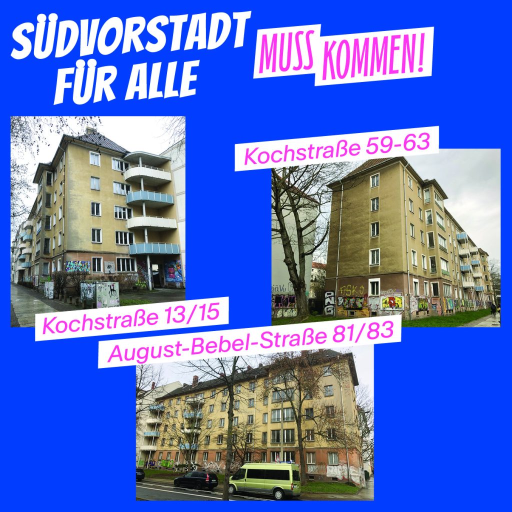 Drei kommunale Häuserblöcke (Baujahr 1955) in der Leipziger Südvorstadt: Kochstraße 13/15, Kochstraße 59-63, August-Bebel-Staße 81/83