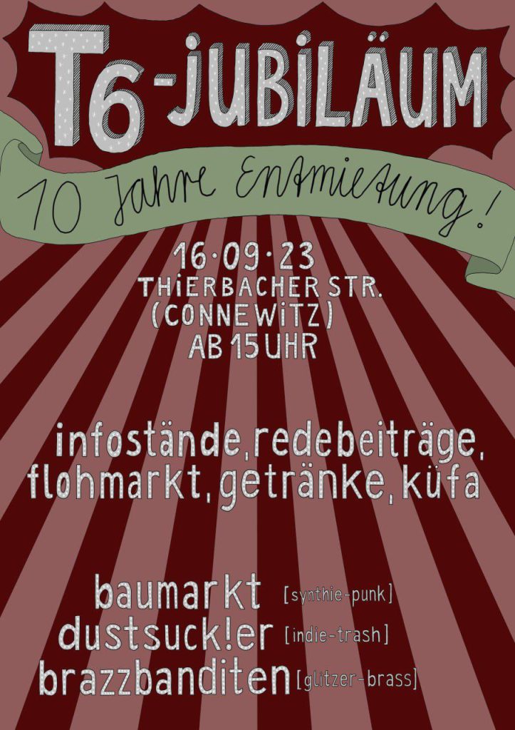 Flyer 10 Jahre Entmietung Thierbacherstraße 6, Infostände, Redebeiträge, Flohmarkt, Küche für alle u.a.